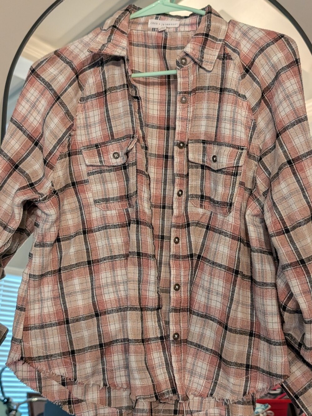 3/$16 Button-Down Plaid Shirt - Peach Plaid Women's Top